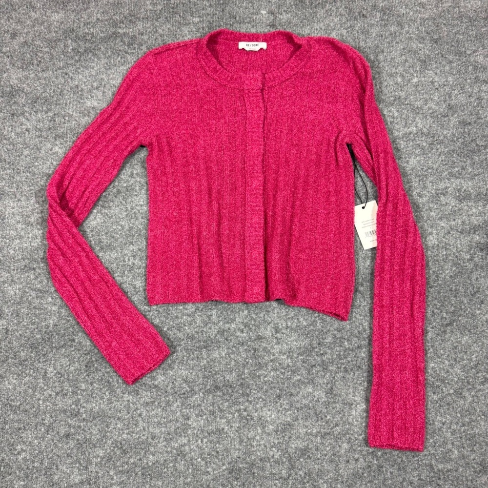 RE/DONE Terry Ribbed Cardigan Women Size S Dragonfruit Pink Cotton NWT $350